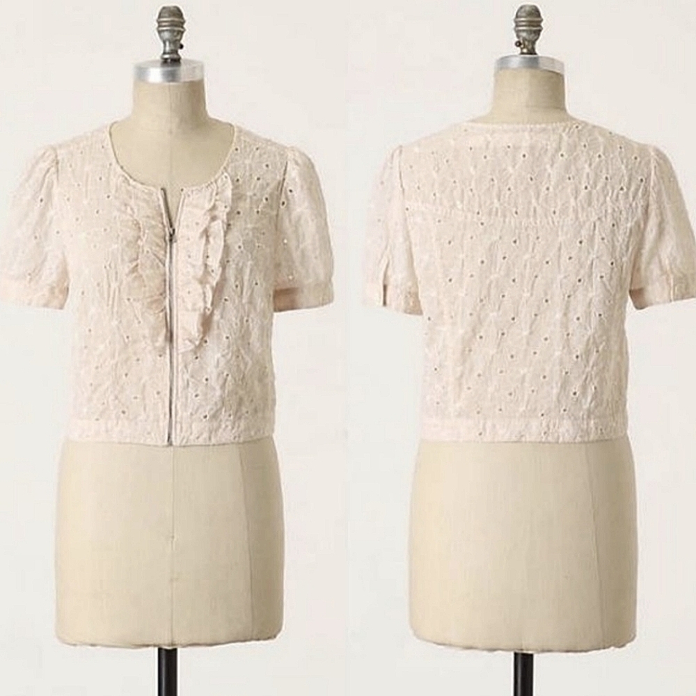 Anthropologie Cream Eyelet Ruffle Zip-Front Blouse